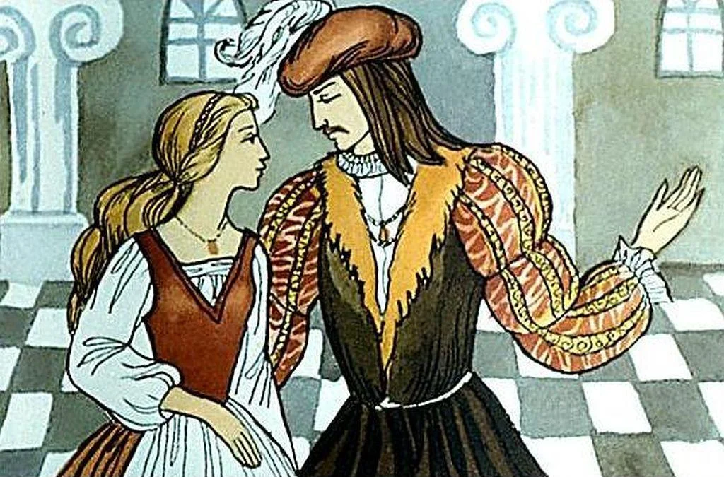 Ilustrație reprezentând doi oameni dansând, îmbrăcați în costume de epocă, pe un fundal cu un decor interior clasic.