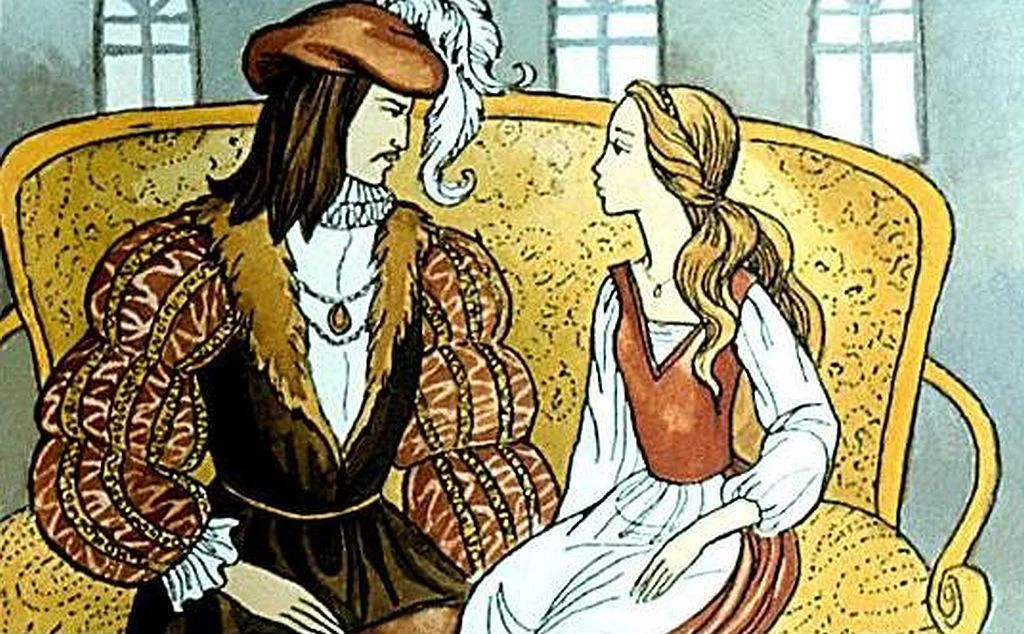 Ilustrație cu doi personaje așezate pe o canapea, unul îmbrăcat în costume istorice, discutând într-un mediu interior.