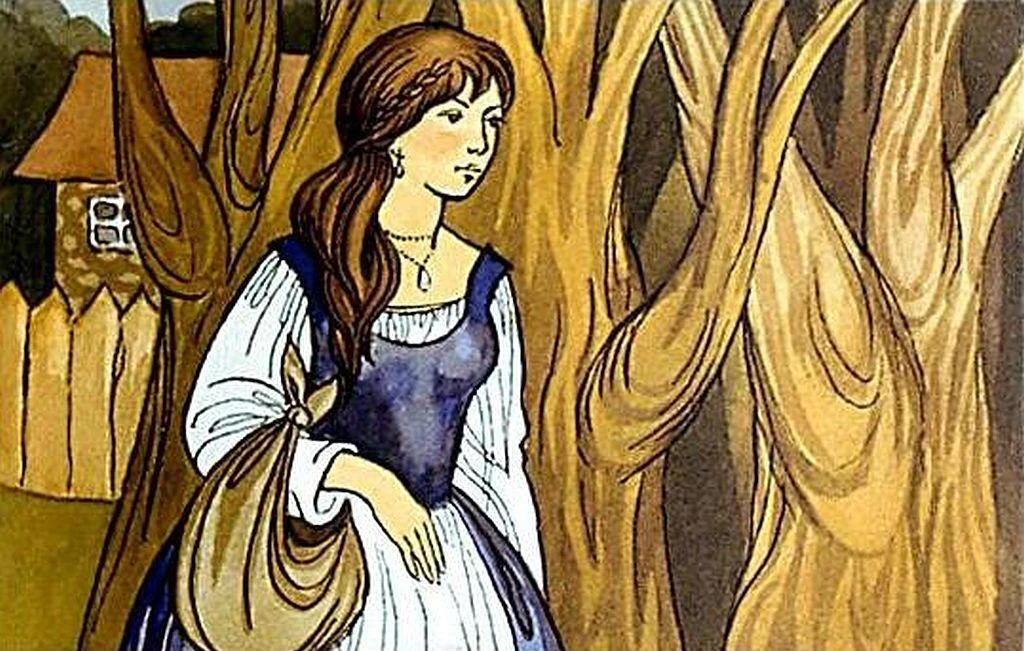 O femeie îmbrăcată în rochie tradițională, stând lângă copaci, cu o geantă atârnată pe umăr, într-un peisaj pastoral.