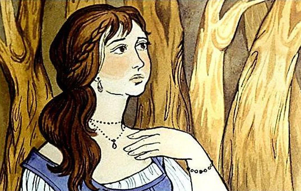 Ilustrație a unei femei cu păr lung și rochie albastră, stând în pădure, cu o expresie contemplativă.