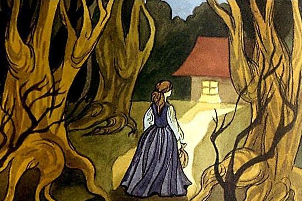 O ilustrare a unei femei îmbrăcate într-o rochie lungă, care se îndreaptă spre o casă mică, înconjurată de copaci cu trunchiuri contorsionate, pe un drum iluminat de lună.
