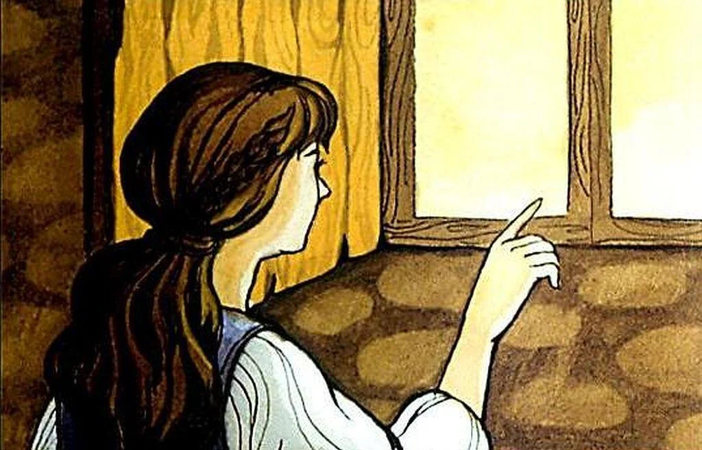 O ilustrare a unei femei cu părul lung, care stă cu spatele și arată spre o fereastră.