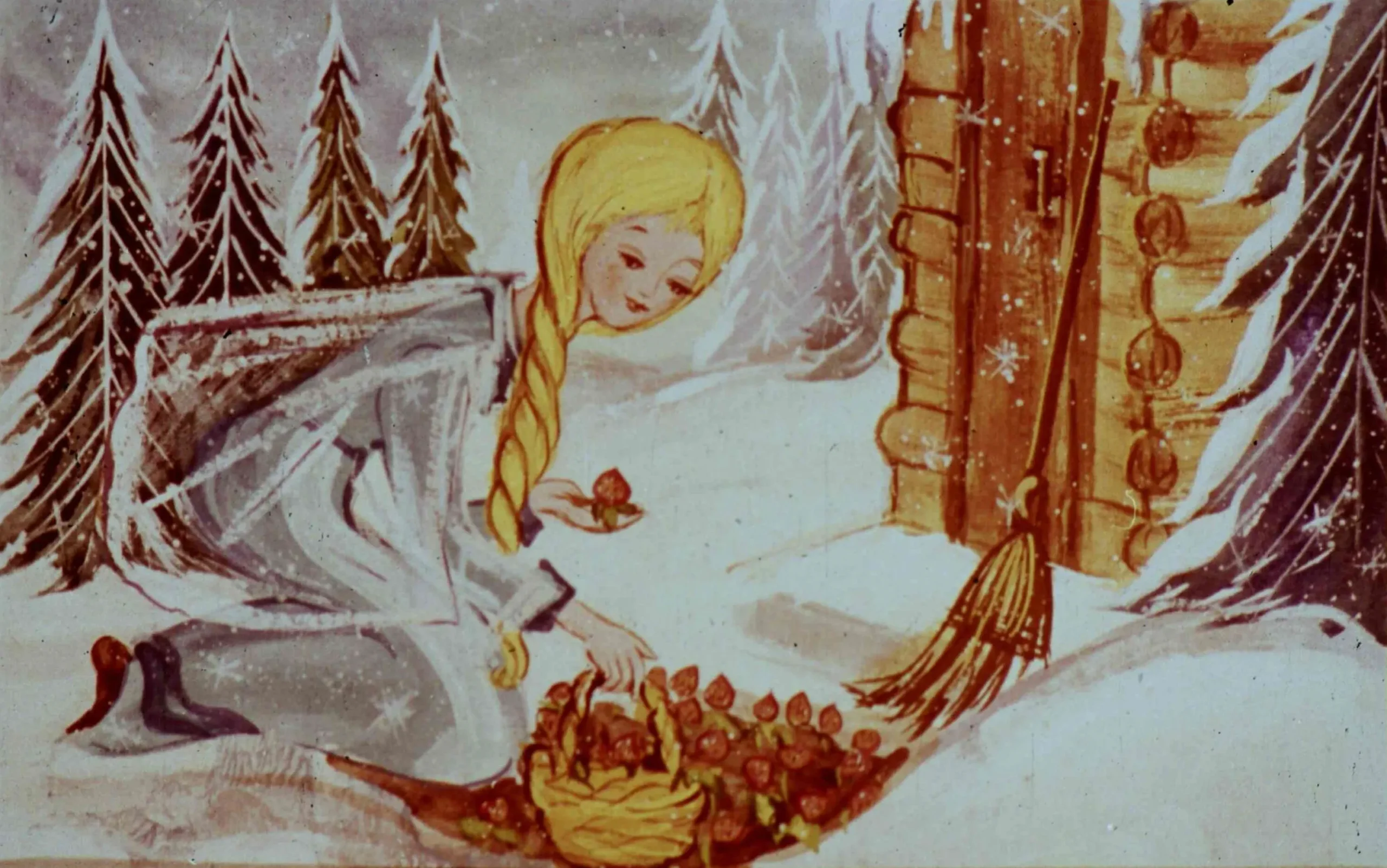 Ilustrație de iarnă cu o fetiță blondă îmbrăcată în alb, aplecată în timp ce culege fructe de pe zăpadă, lângă o casă din lemn.