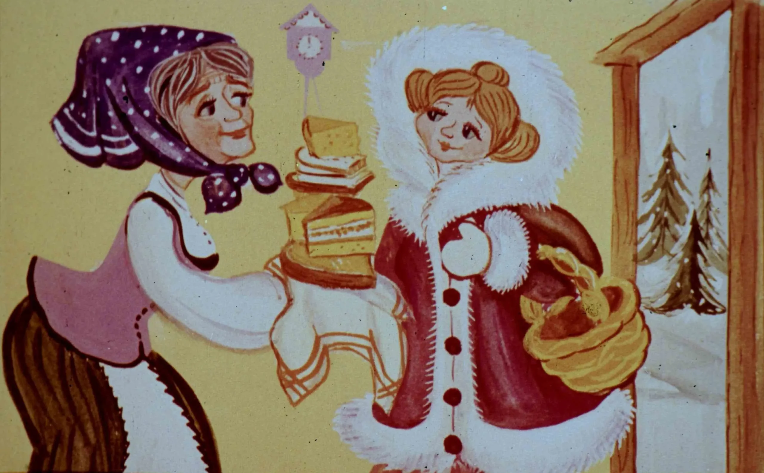 O ilustrație colorată cu două personaje feminine, una din stânga purtând un fular și având un zâmbet, care oferă o farfurie cu prăjituri celeilalte personaje din dreapta, îmbrăcată într-o haină de blană albă, în fața unei uși care duce către un peisaj de iarnă.