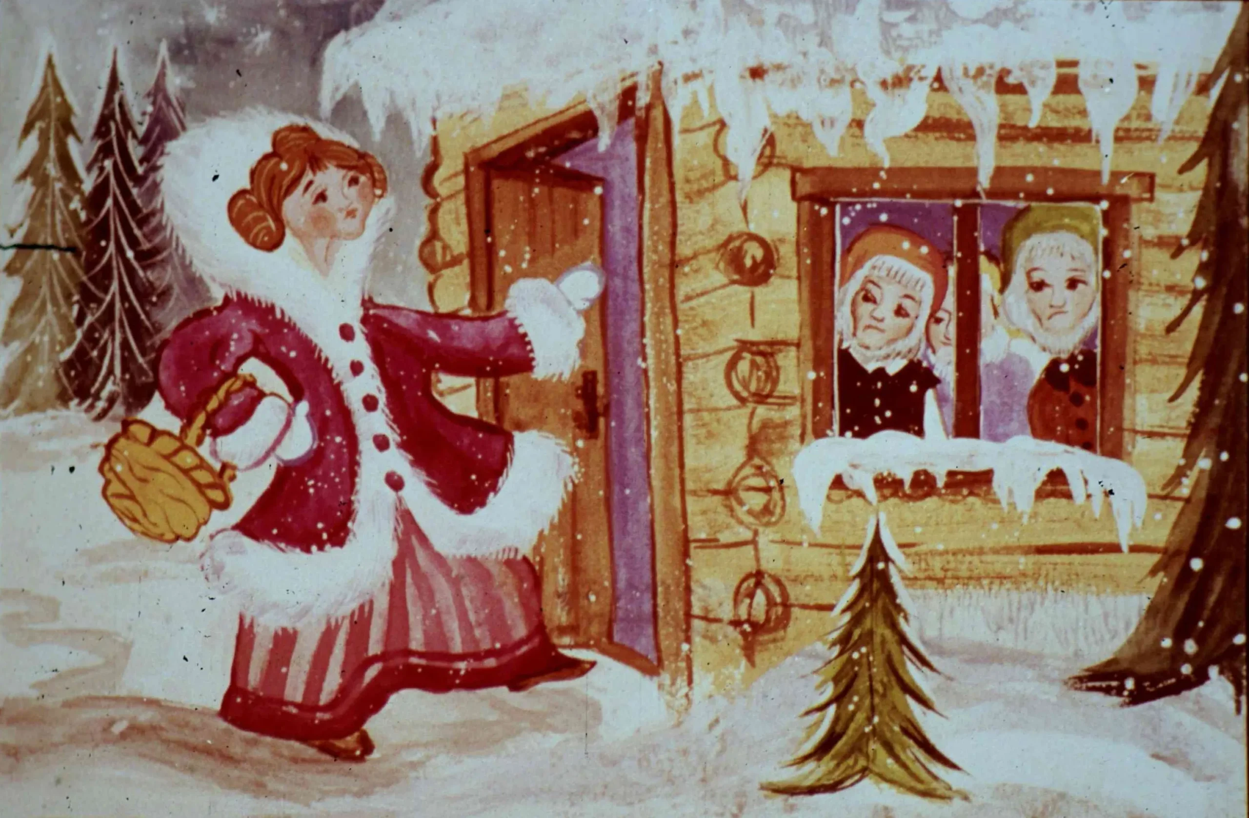 O ilustrație de iarnă în care o femeie îmbrăcată într-o haină roșie cu blană albă se apropie de o cabină de lemn, în timp ce două fețe zâmbitoare privesc dintr-o fereastră înghețată.