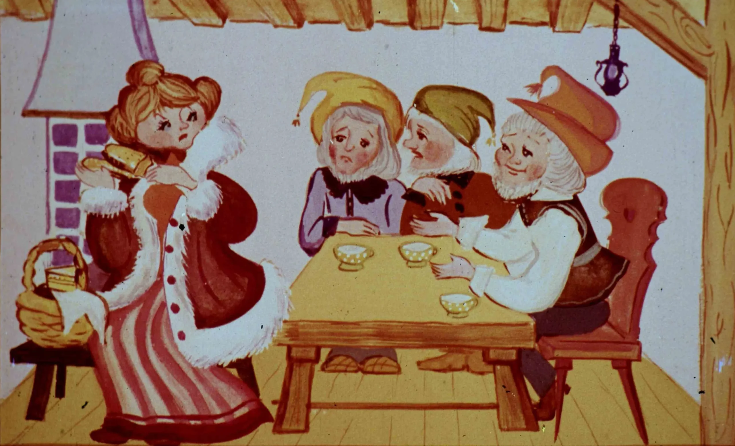 Ilustrație colorată cu o femeie îmbrăcată într-o haină cu blană, stând la o masă cu trei personaje, toți având expresii vesele, într-o atmosferă interioară de tip rustic.