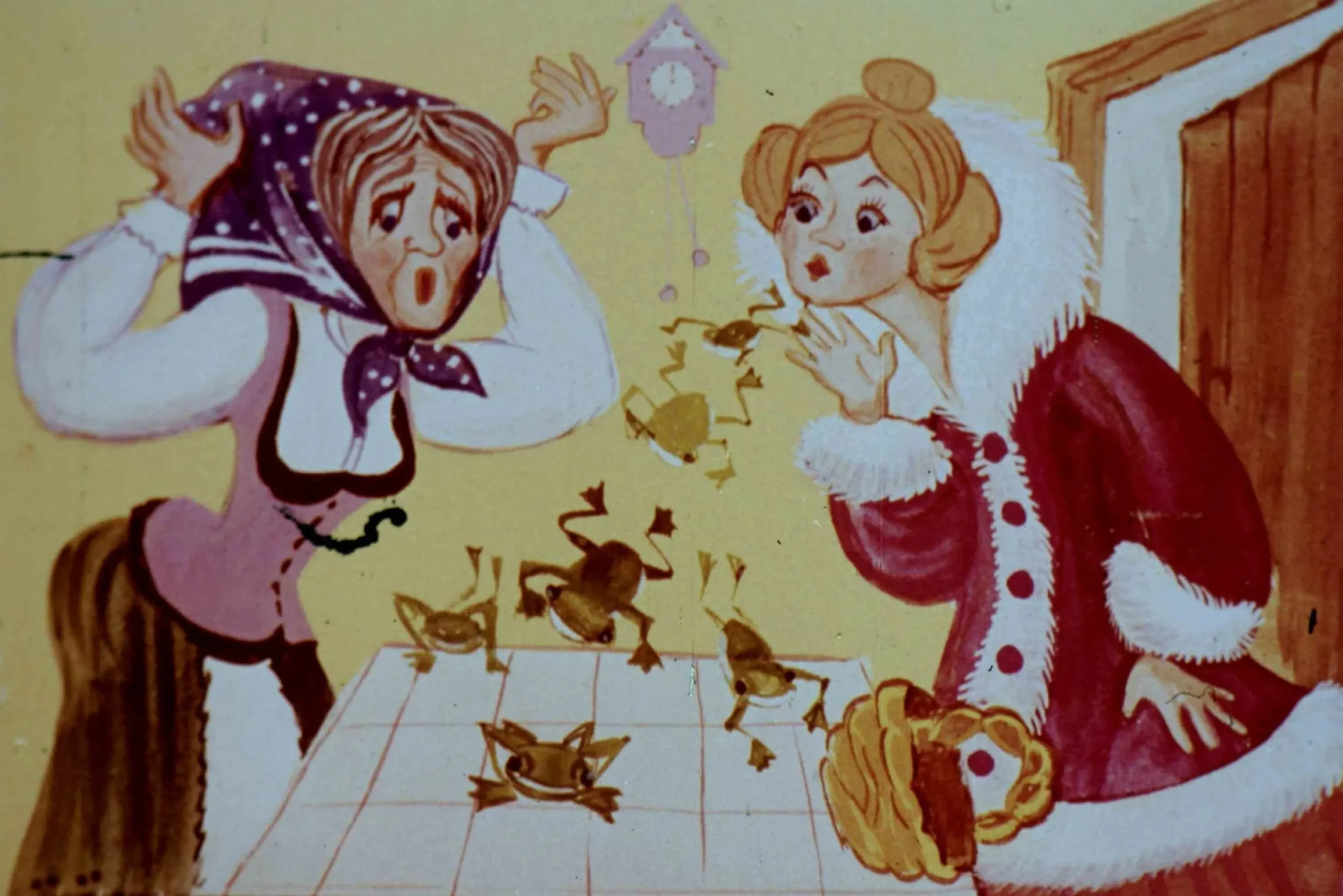 Ilustrare a două femei care se întâlnesc într-o bucătărie colorată, una purtând o eșarfă și alta într-o haină de blană, înconjurate de broaște și dulciuri.