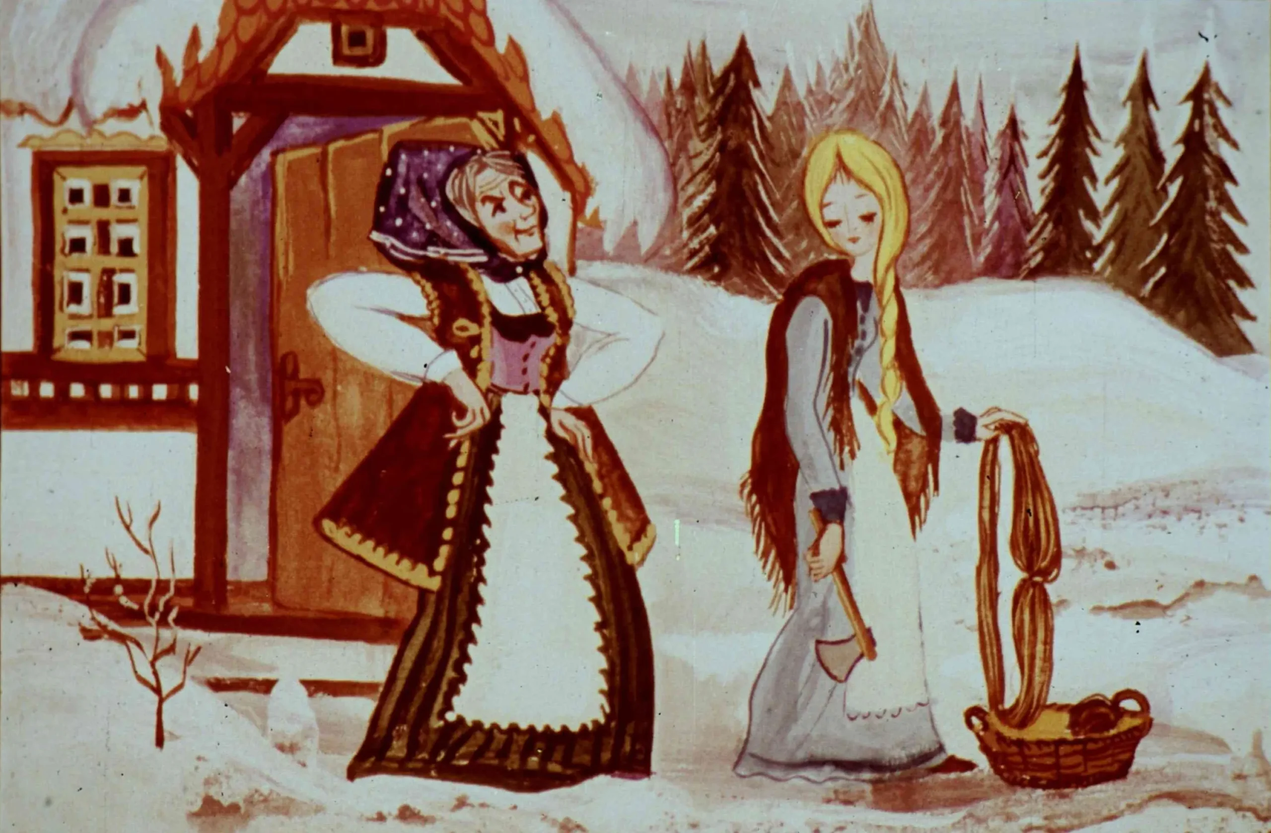 Ilustrație cu două personaje feminine în prim-plan, una îmbrăcată în haine tradiționale, cu un coș lângă ea, iar cealaltă cu un zâmbet în fața unei case rustice, în peisajul din zăpadă.