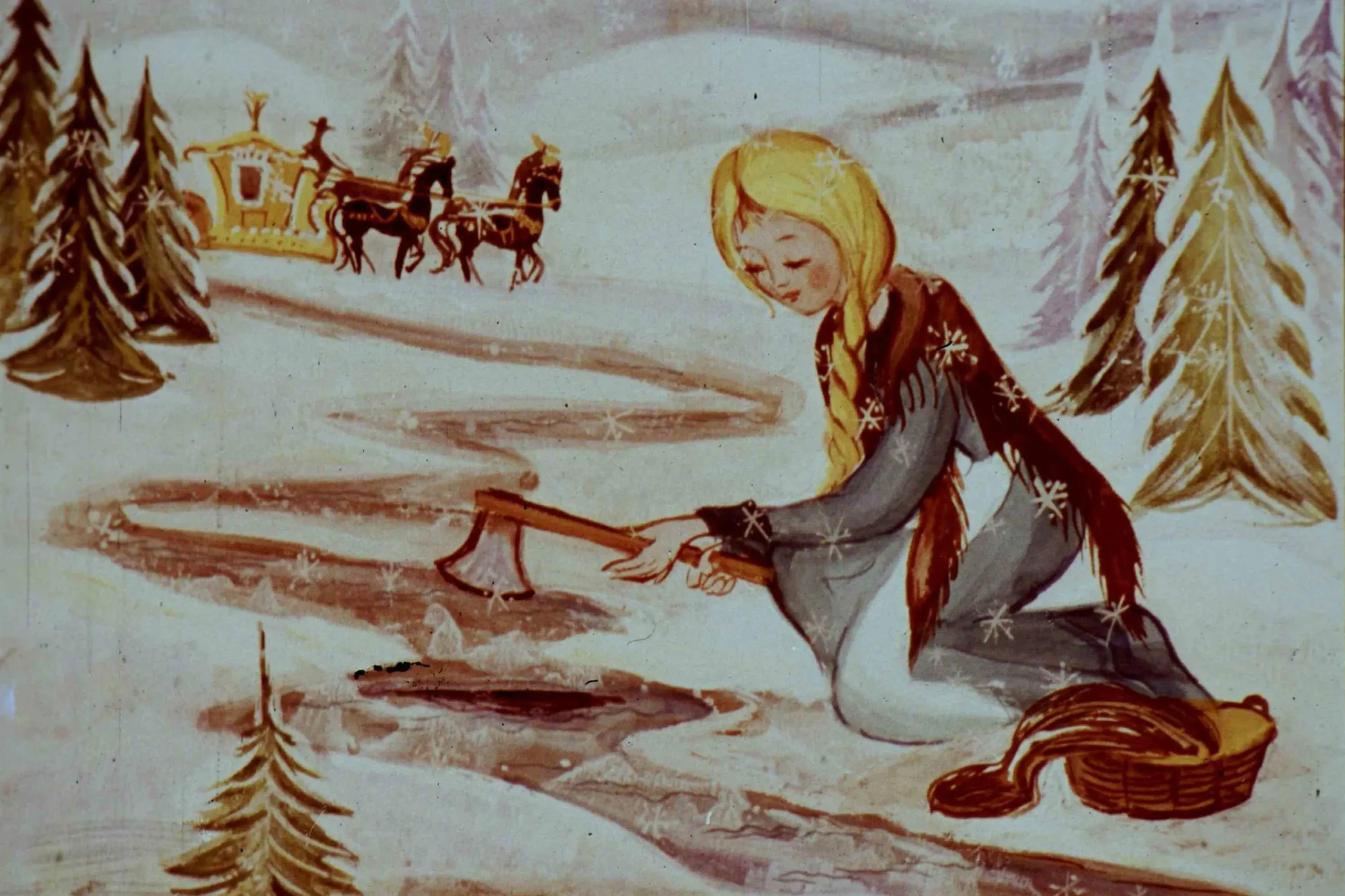 O ilustrație care prezintă o fată cu păr lung și blond, îmbrăcată într-o rochie deschisă la culoare, care se apleacă spre un râu înghețat, ținând o unealtă, cu un peisaj de iarnă în fundal ce include copaci și sania trasă de cai.