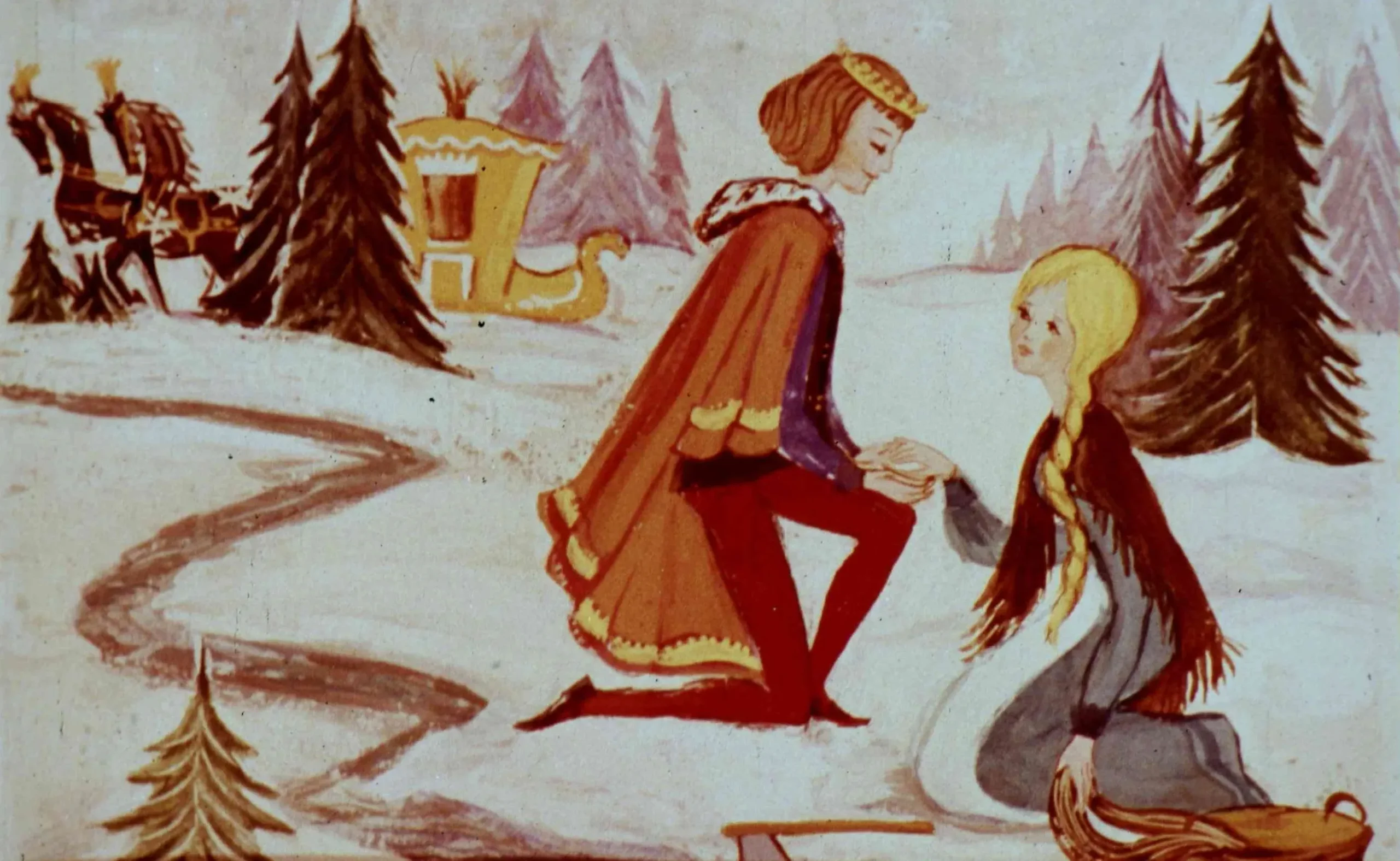 Ilustrație de iarnă cu un rege în haine de ceremonie și o prințesă, într-un peisaj de zăpadă, cu brazi și un sanie în fundal.