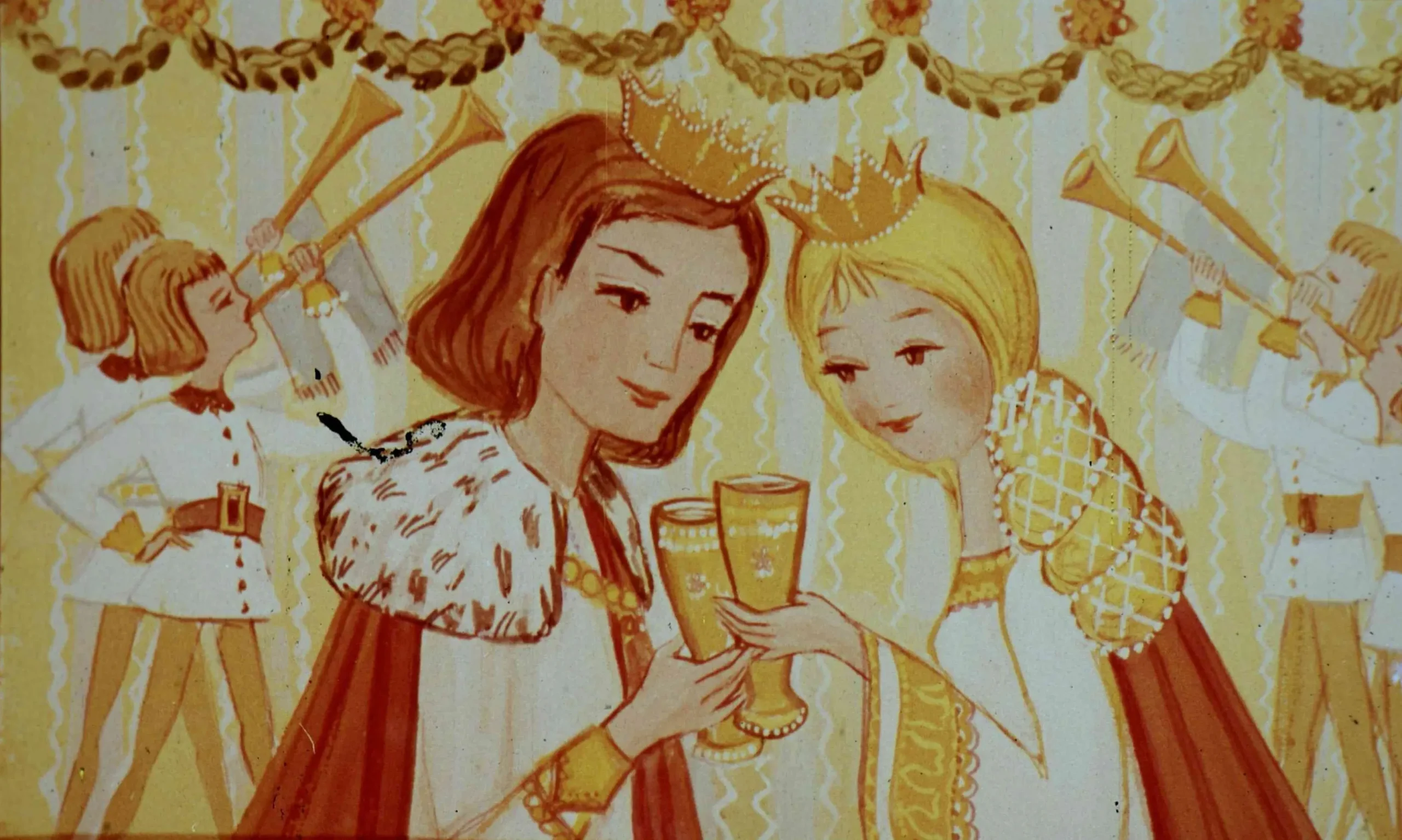 Ilustrație cu doi tineri cu coroane care ciocnesc paharele. Alte personaje cu instrumente de suflat sunt prezente în fundal.