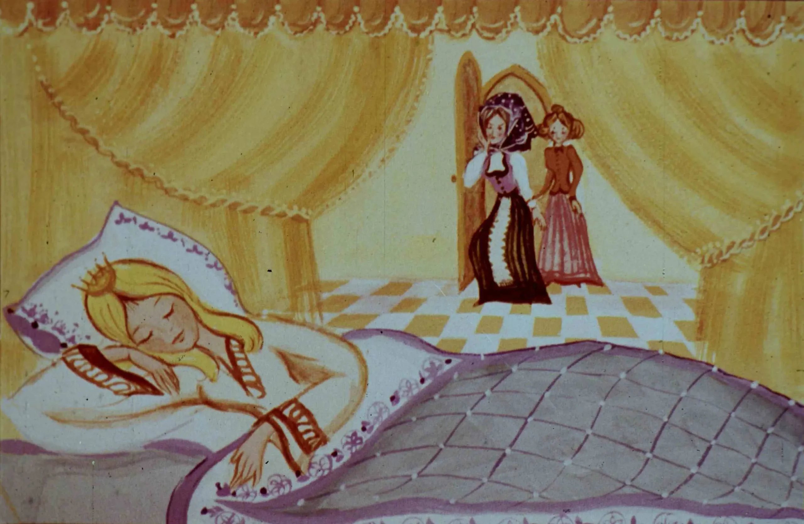 O ilustrație cu o prințesă dormitând în pat, cu o coroană pe cap, și două femei în costume tradiționale stând lângă ușa camerei.