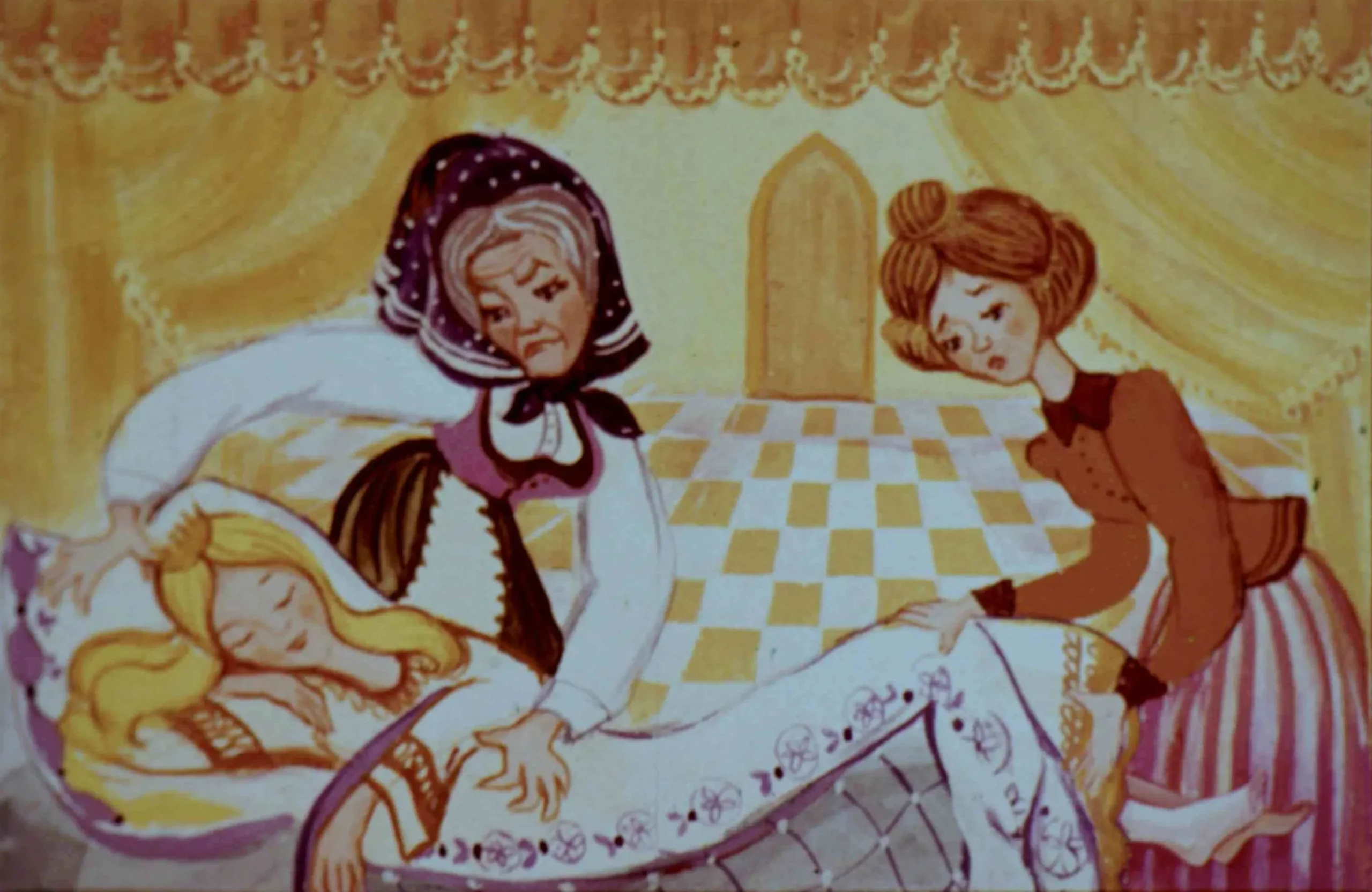 Ilustrație care prezintă trei personaje feminine, una dintre ele fiind adormită pe un pat, iar celelalte două se află lângă ea, una având un aspect îngrijorat.