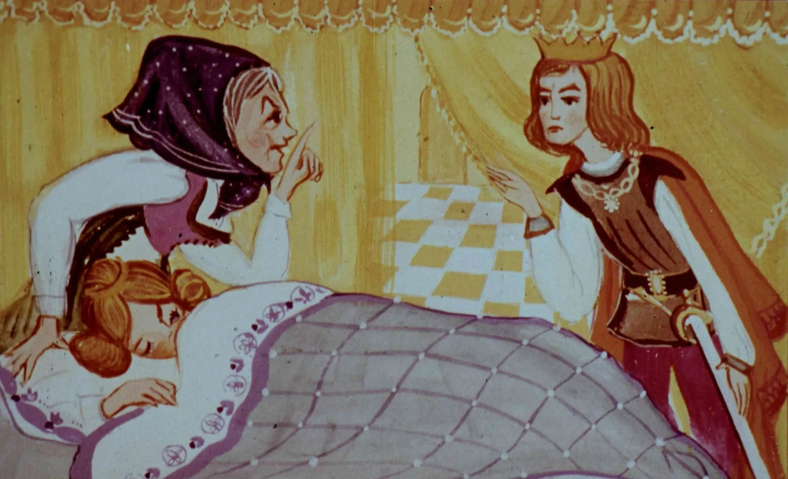 Ilustrație cu o scenă dintr-o poveste, unde două femei observă o tânără care doarme, iar un bărbat cu coroană se află lângă ele, discutând.