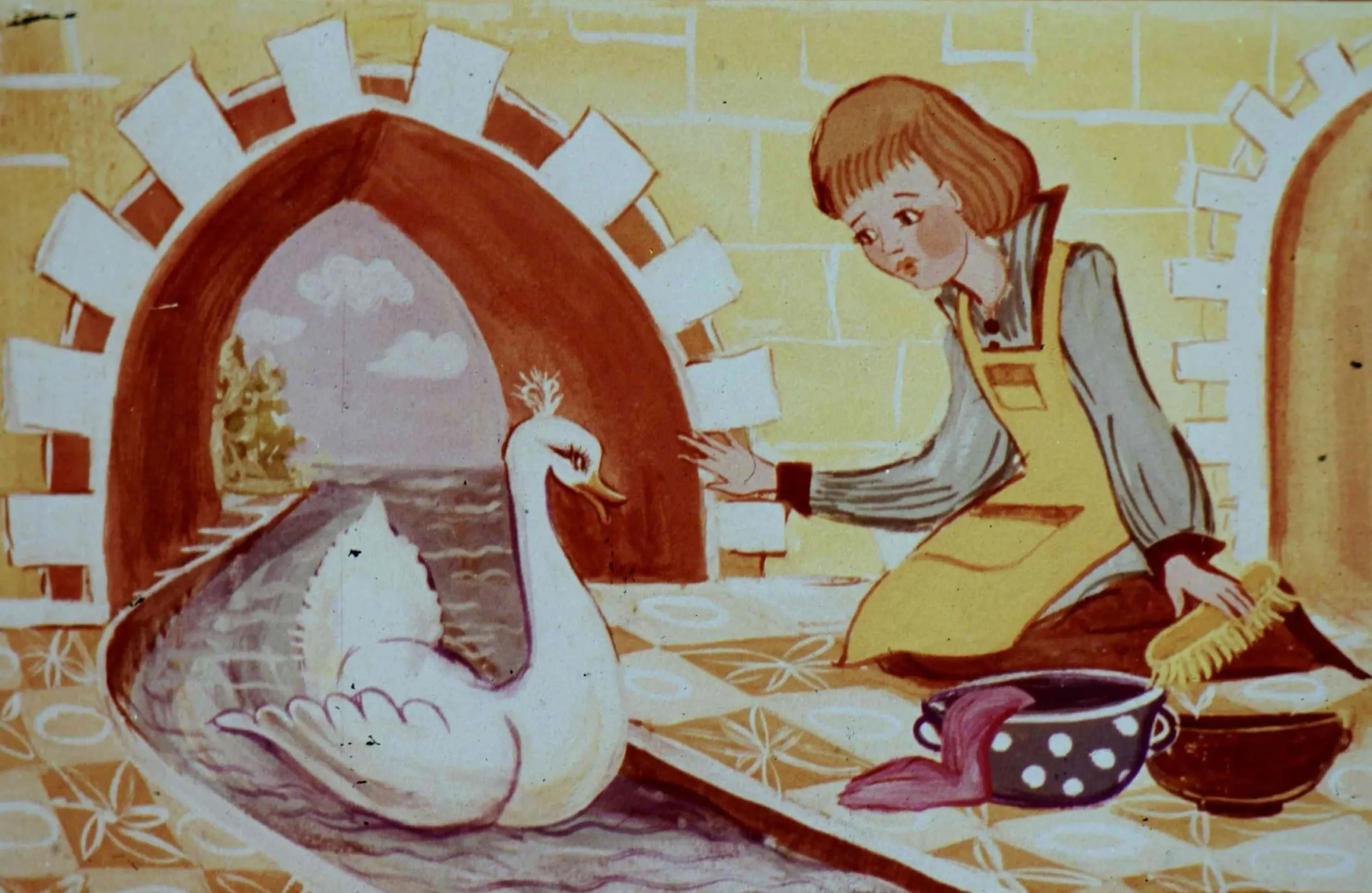 O ilustrare colorată cu o fetiță care îngrijește o lebădă într-un cadru de poveste, cu un peisaj de fundal și detalii despre ambient.