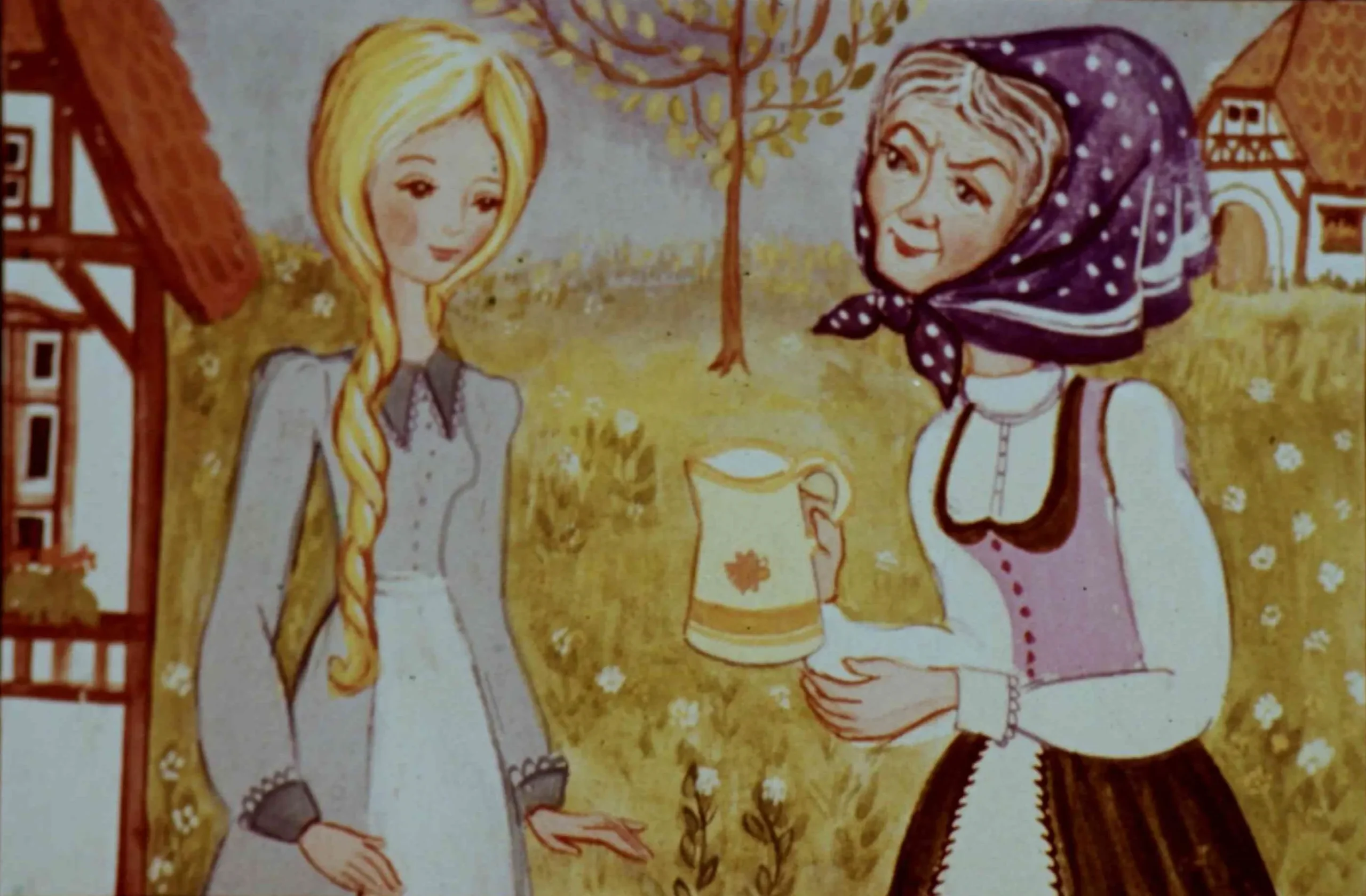 Ilustrație care prezintă două femei într-un peisaj rural, una dintre ele ținând o cană și zâmbind.