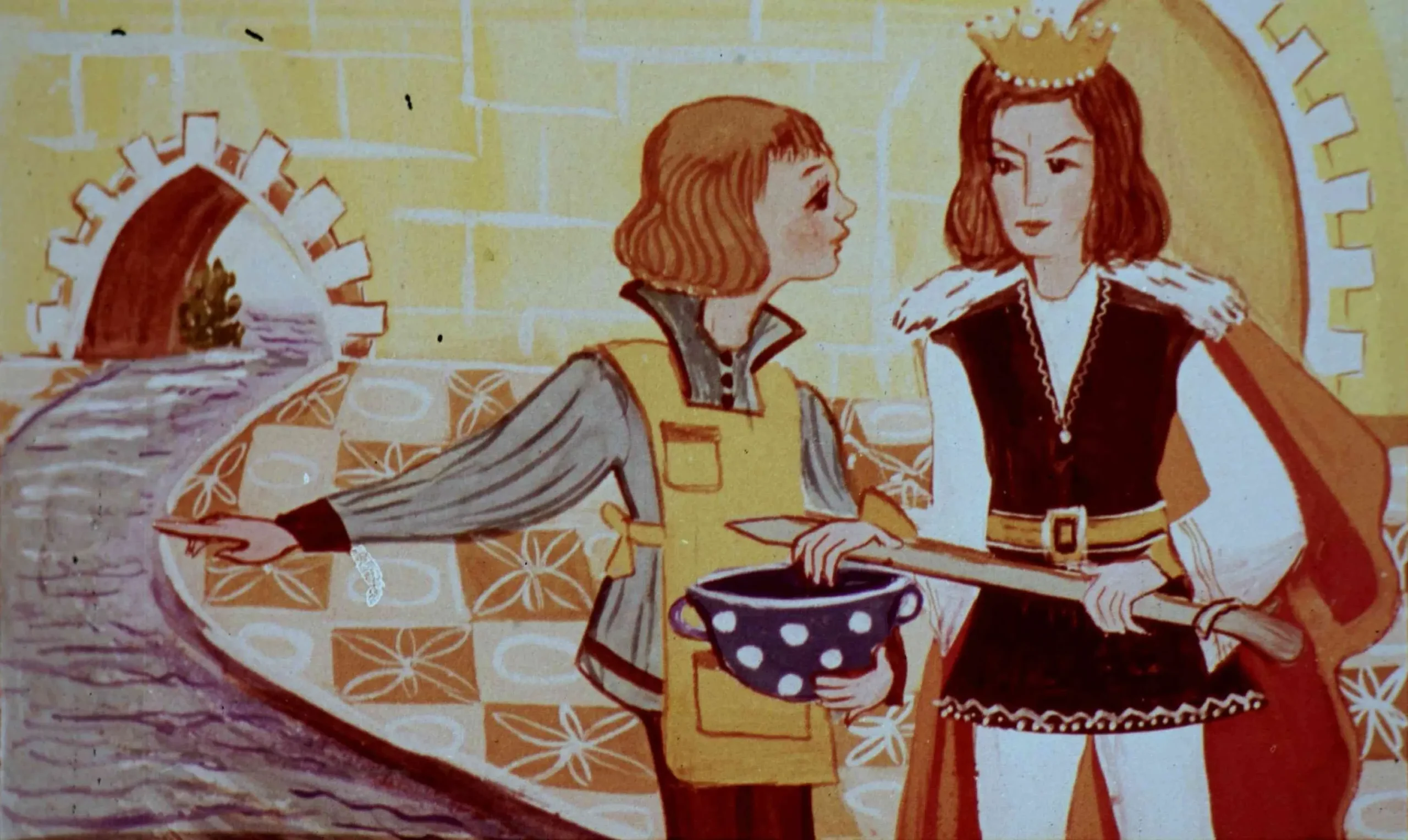 Ilustrație care prezintă doi băieți, unul purtând o haină galbenă și celălalt îmbrăcat în costume medievale, interacționând lângă un râu și un zid.