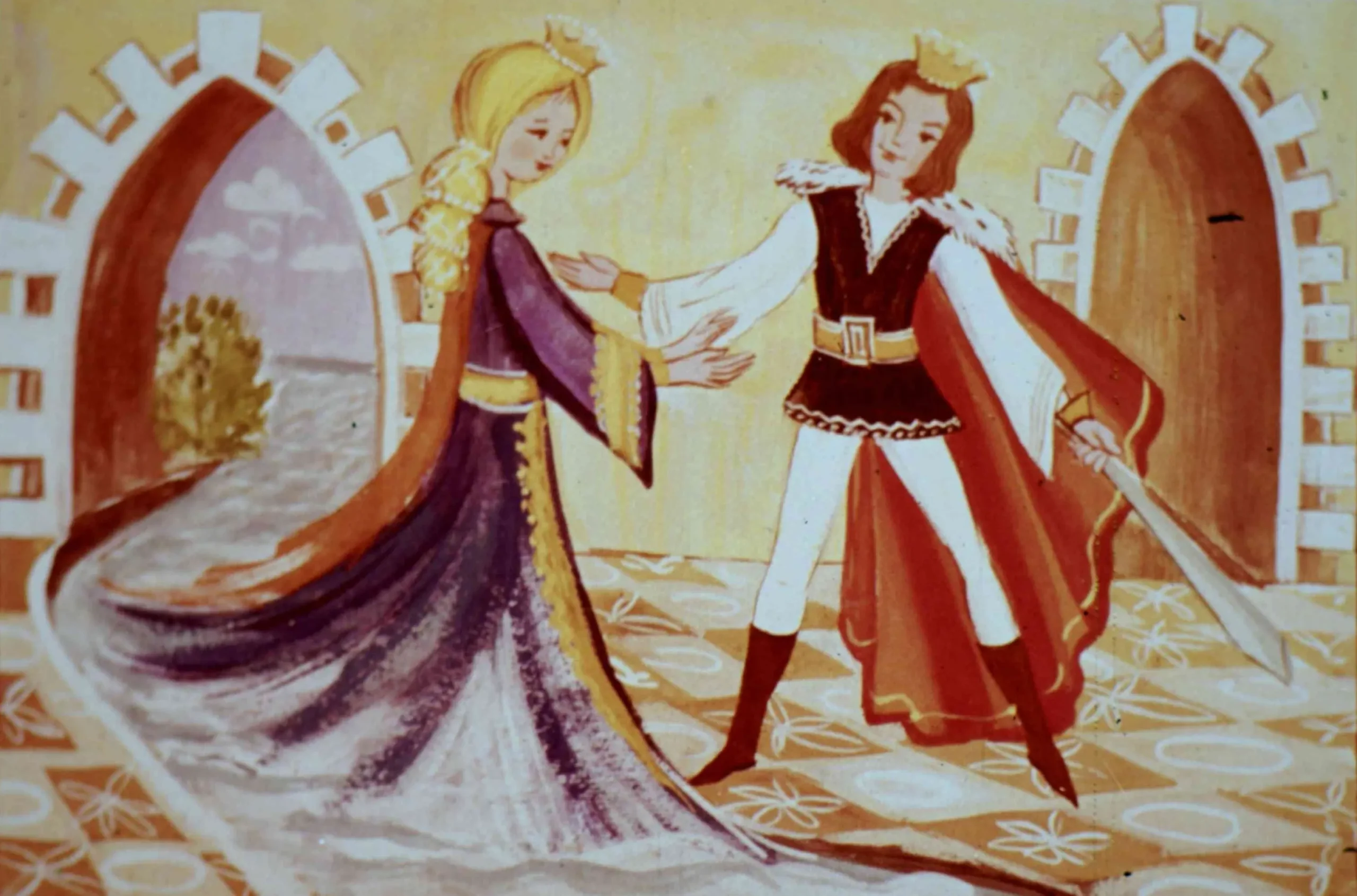 Ilustrație colorată cu o princă și un prinț, fiecare purtând costume istorice, pe o piatră cu desene florale, în fața unor porți arce.