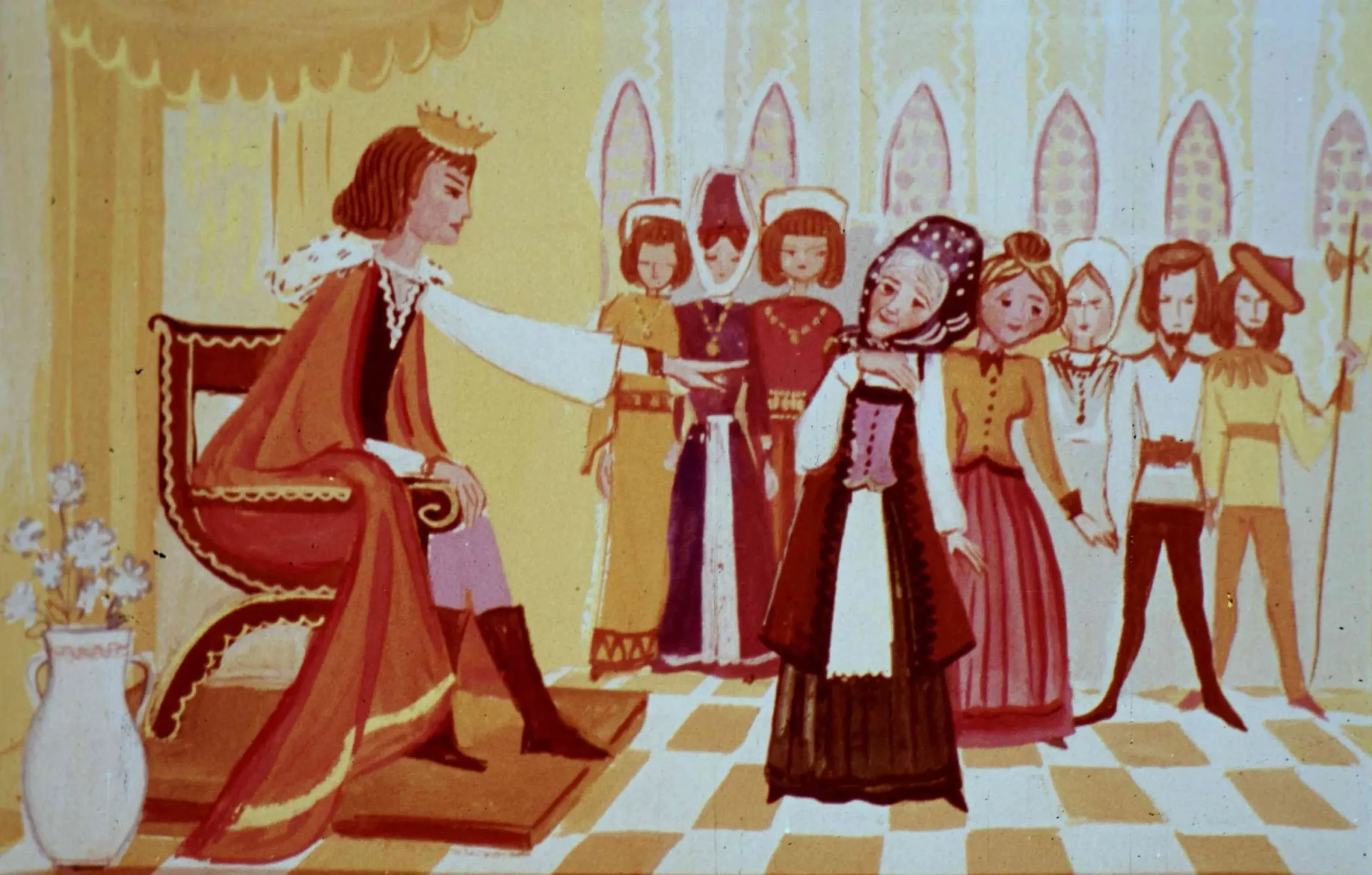 O ilustrație vibrantă care arată un rege pe tron, interacționând cu o femeie îmbrăcată în rochie medievală, înconjurată de curteni costumizați.