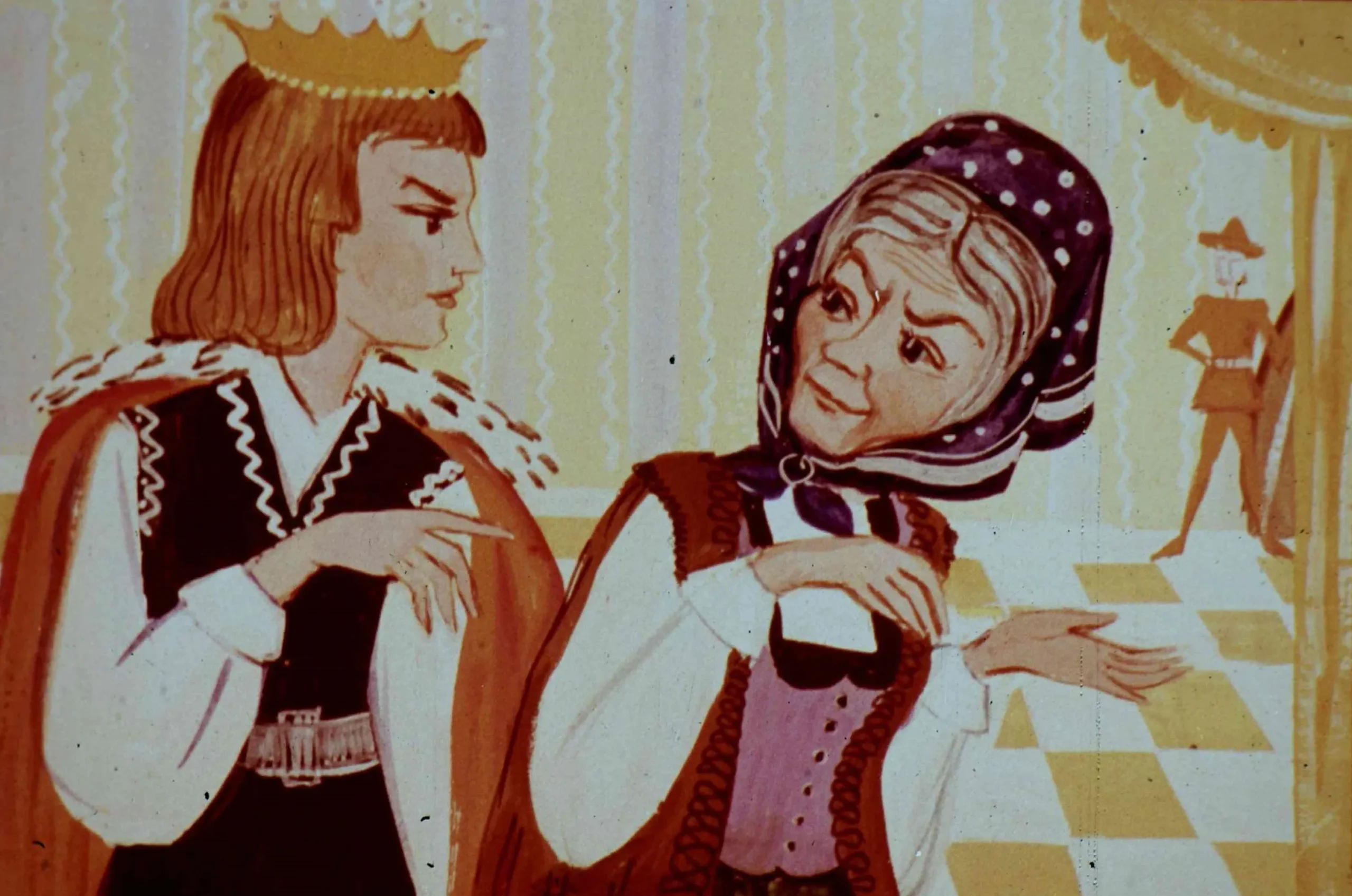 Ilustrație animată reprezentând o scenă de dialog între două personaje, o femeie în vârstă și o tânără îmbrăcată elegant, într-un decor de interior.