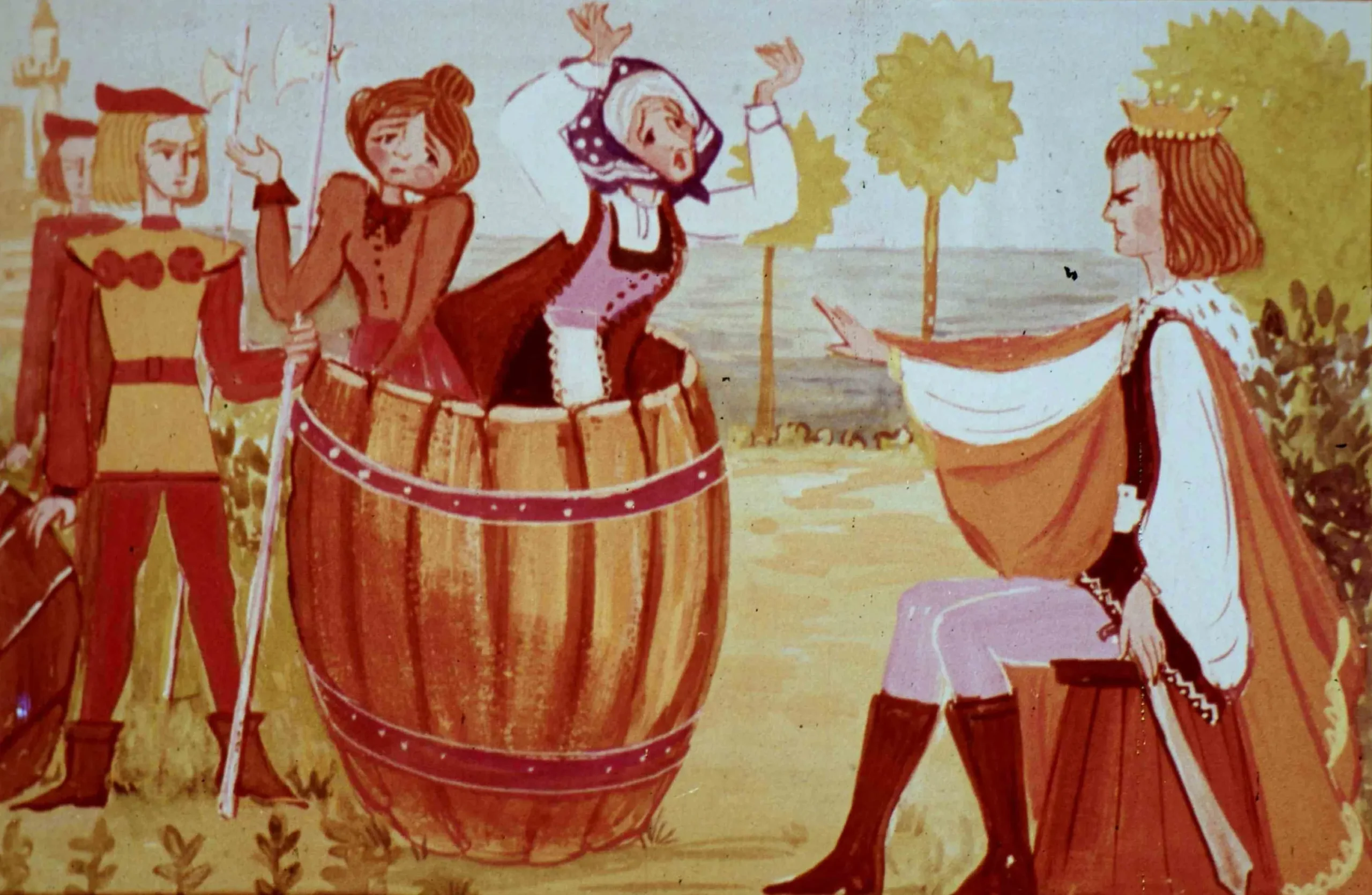 O scenă ilustrată cu două femei, una într-un butoi și cealaltă gesticulând, iar un bărbat îmbrăcat elegant se află în fața lor, într-un peisaj pastoral cu copaci și apă în fundal.