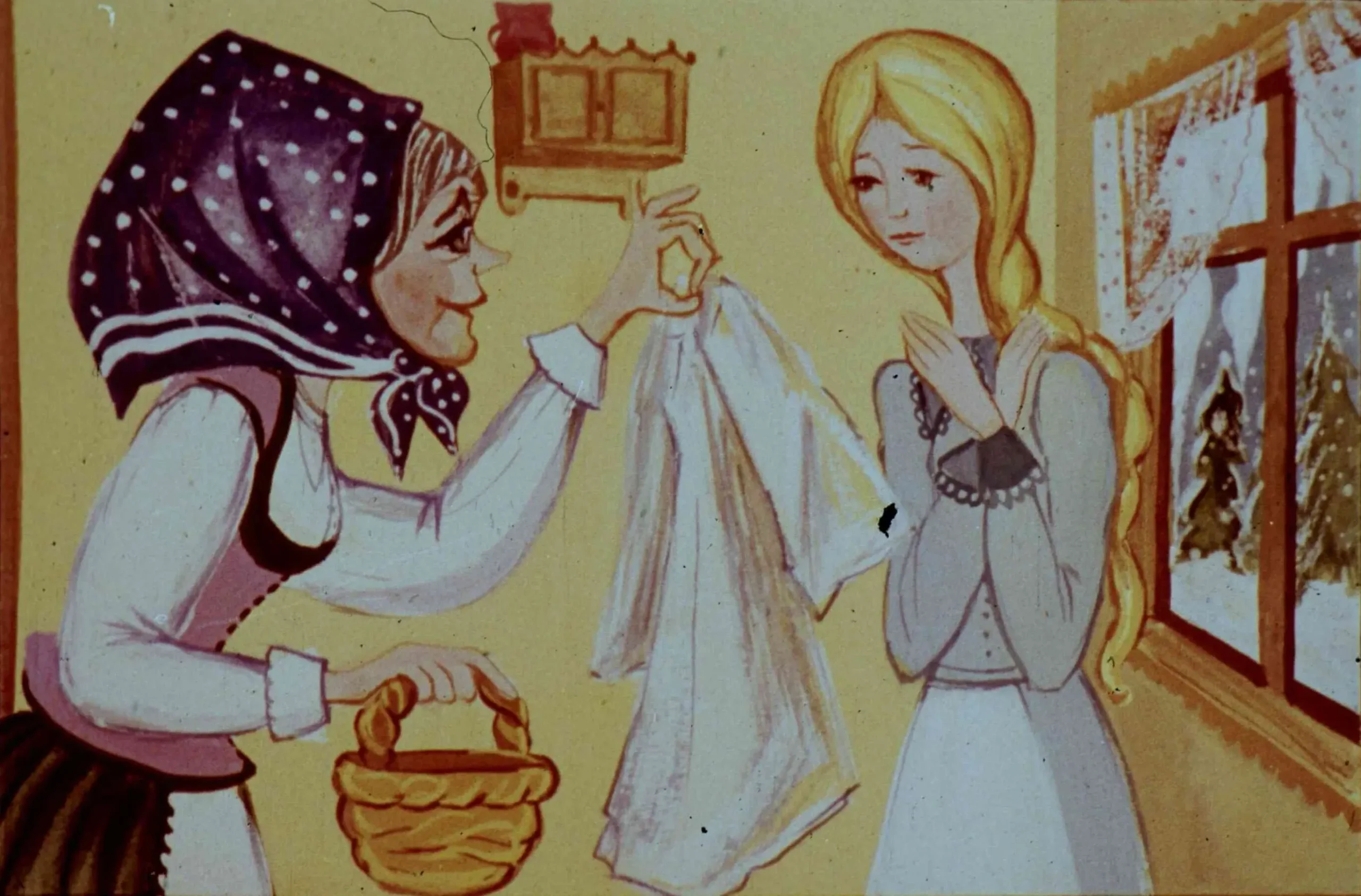 O femeie mai în vârstă îmbrăcată tradițional oferă o bucată de material unei tinere femei, care pare surprinsă, în interiorul unei camere cu fereastră care arată un peisaj de iarnă.