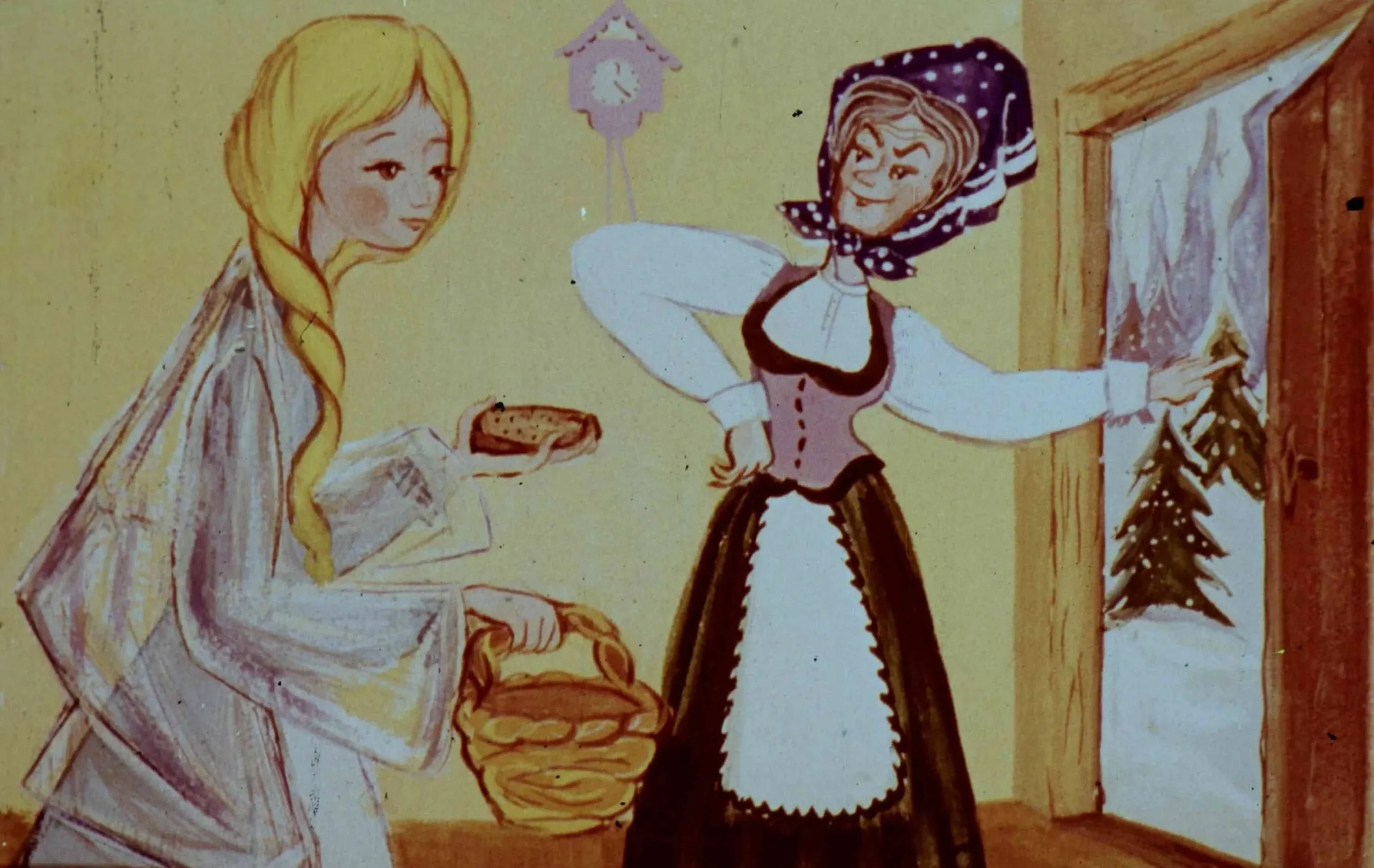 Ilustrație colorată cu două femei, una cu păr lung și îmbrăcată în alb, ce oferă o bucată de pâine, iar cealaltă îmbrăcată în ținută tradițională se află la ușă, cu un peisaj de iarnă vizibil în spatele ei.