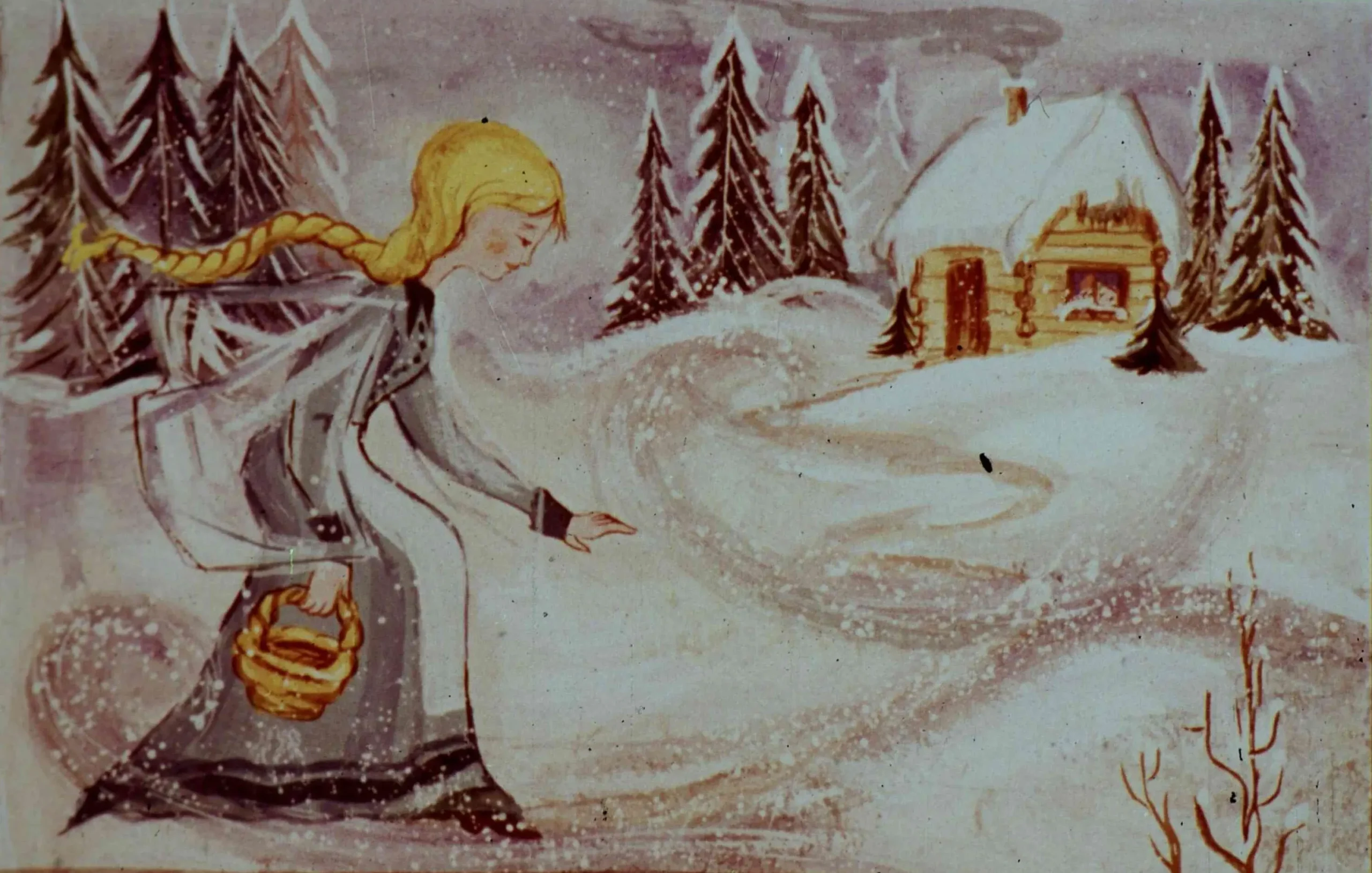 Ilustrație de iarnă cu o fată blondă care poartă o rochie albă și o jachetă, purtând un coș și îndreptându-se spre o cabană înconjurată de copaci, pe un fundal acoperit cu zăpadă.