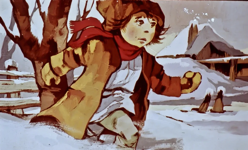 Ilustrație cu un copil care aleargă prin zăpadă, având un fundal de peisaj montan.