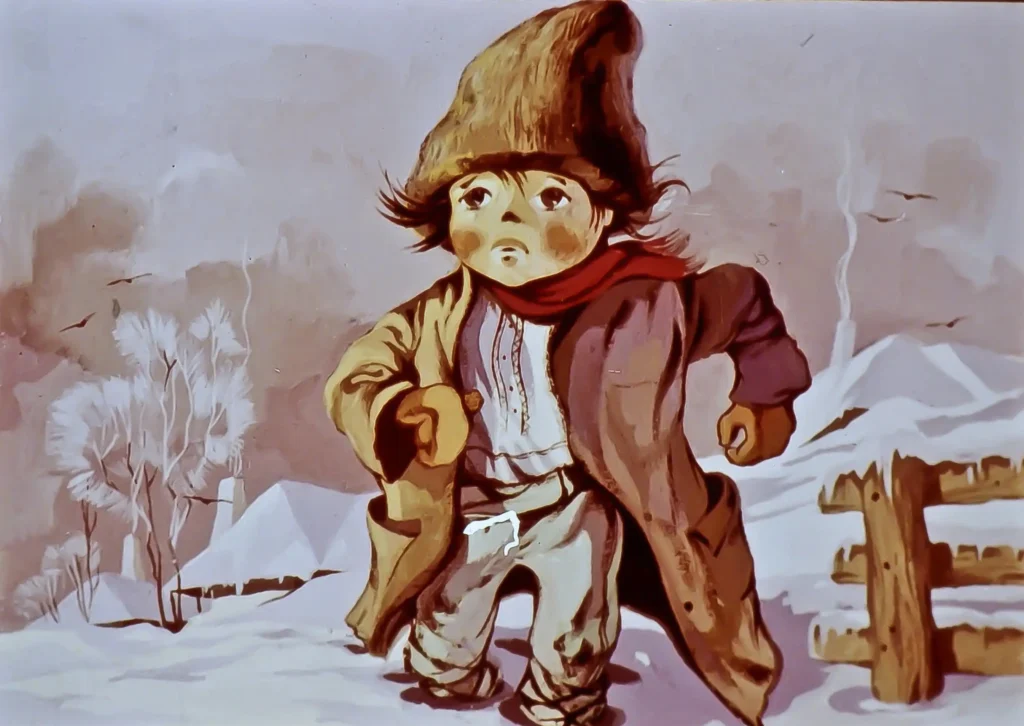 Imagine cu un copil care aleargă prin zăpadă, înconjurat de un peisaj de iarnă, însoțită de un text poetic.