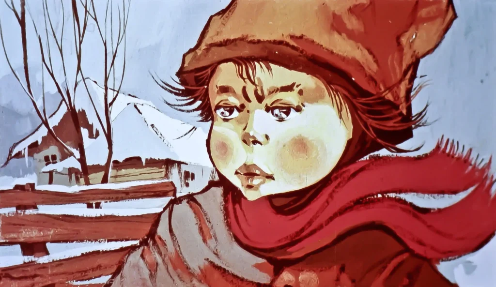 Ilustrație cu un copil îmbrăcat călduros, cu un zâmbet ușor trist, înconjurat de peisajul de iarnă, cu case și copaci fără frunze.