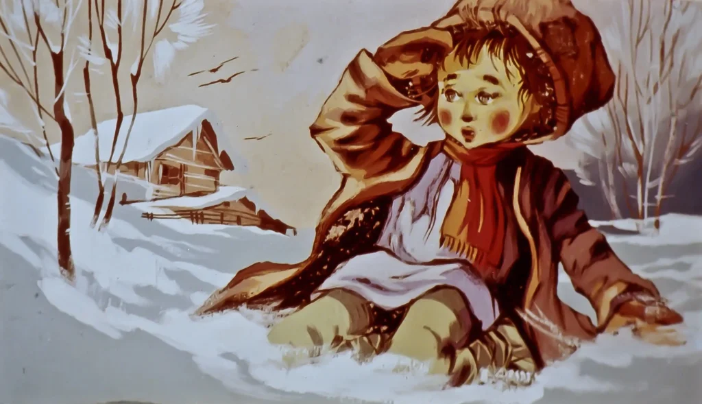 Imagine ilustrată cu un copil în zăpadă, în fundal o cabană și copaci, text pe două rânduri despre un copil care se ridică și o căciulă.