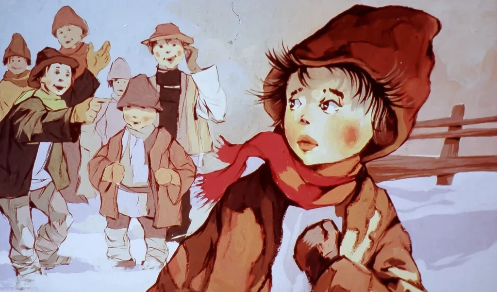 Ilustrație cu copii într-un peisaj de iarnă, cu un text în partea de jos care descrie o scenă animată.