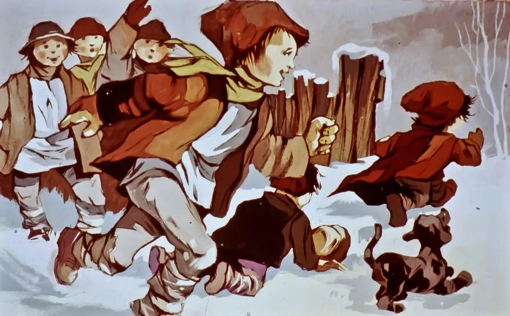 Ilustrație cu copii care aleargă prin zăpadă, însoțiți de un cățel, cu text scris pe fundal.