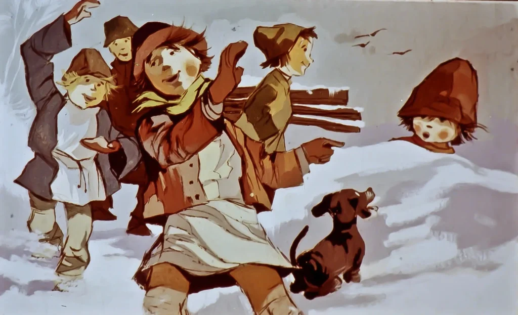 Ilustratie cu copii jucându-se în zăpadă și un câine, text în română despre o căciulă și un urs.