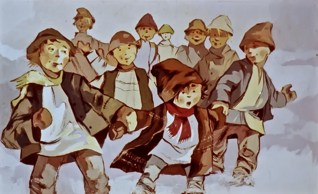 Ilustrație cu copii jucându-se în zăpadă, acompaniată de un text dintr-o poezie despre faptele lor.