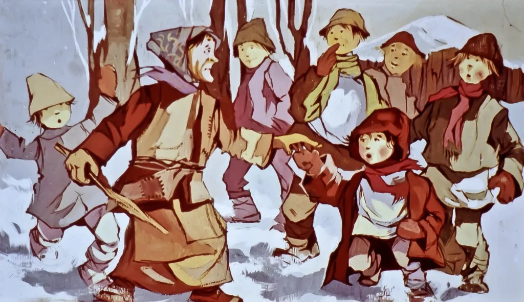 Imagine cu copii și o bătrână în zăpadă, text în română despre o bătrână și un copil.