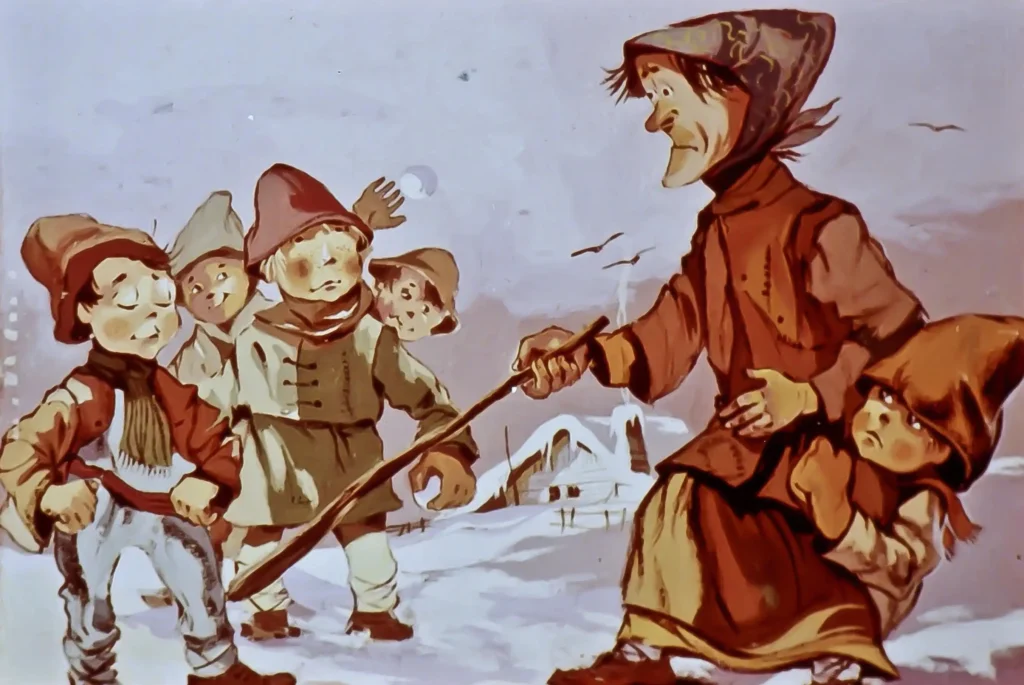 Ilustrație care arată copii jucându-se în zăpadă, alături de o femeie în costum tradițional românesc, cu un text inscripționat despre un dialog între personaje.