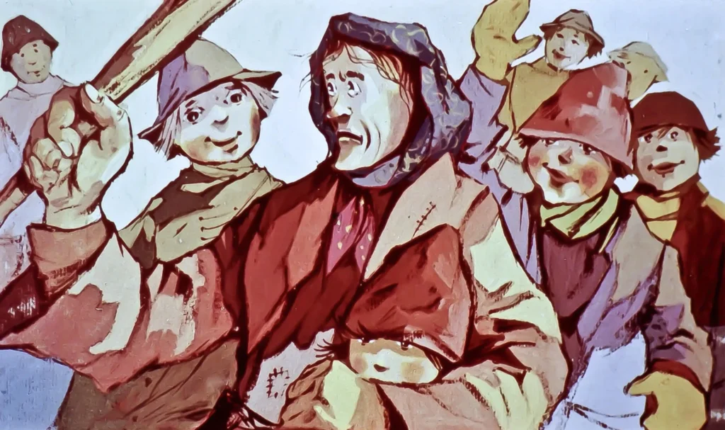 Ilustrație cu personaje care discută, cu text în partea de jos care conține un mesaj.