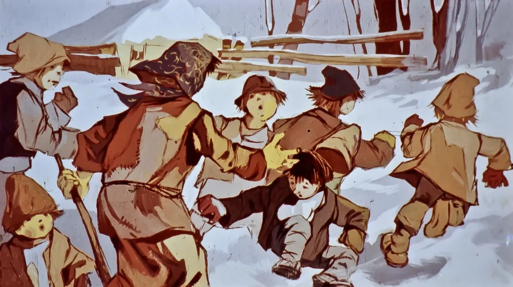 Ilustrație cu personaje în zăpadă, discutând între ele.