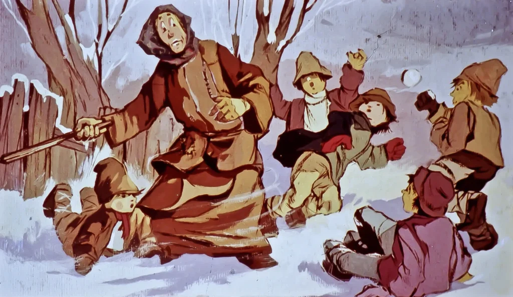 Ilustrație cu un bătrân și copii jucându-se în zăpadă, având text scris sub imagine.