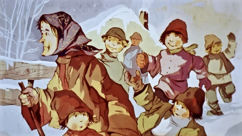 Ilustrație cu oameni care se plimbă prin zăpadă, se observă copii și un adult, cu text deasupra despre o mulțime care soseste intr-un loc gol.