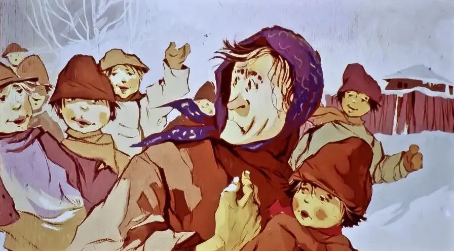 Imagine ilustrată cu personaje tradiționale care se îndreaptă spre un loc, având expresii vesele, însoțită de text care reflectă o temă culturală.