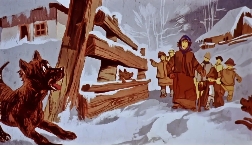 Imagine ilustrativă cu un câine care latră, înconjurat de oameni, în peisaj de iarnă.