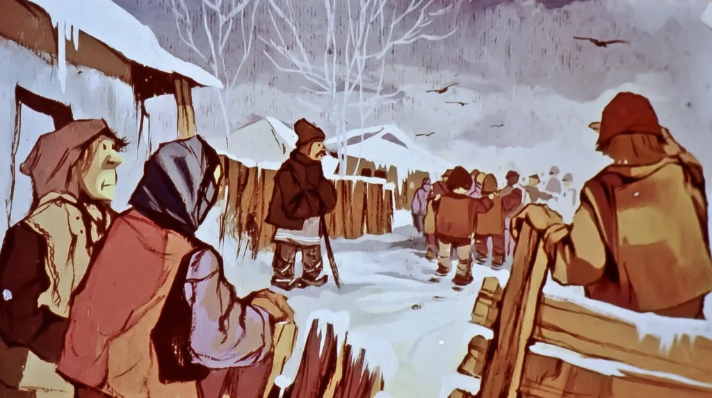 Imagine reprezentând o scenă de iarnă cu femei și bărbați în costum tradițional, discutând într-un peisaj acoperit de zăpadă.