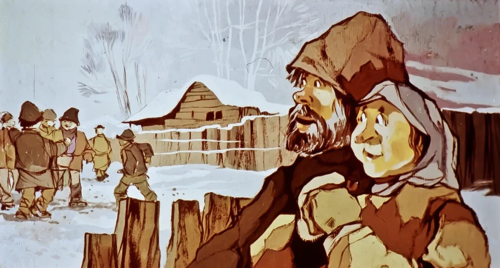 Două personaje discută într-un peisaj rural, cu un grup de oameni în fundal.