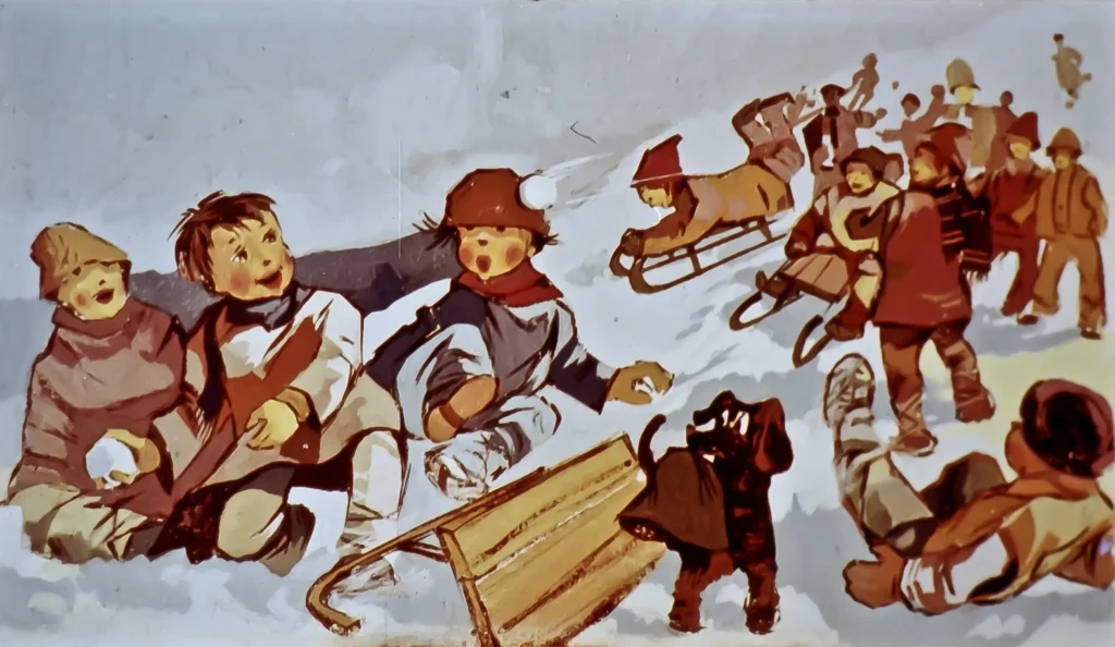 Ilustrație cu copii jucându-se în zăpadă, exprimând bucuria și energia iernii.