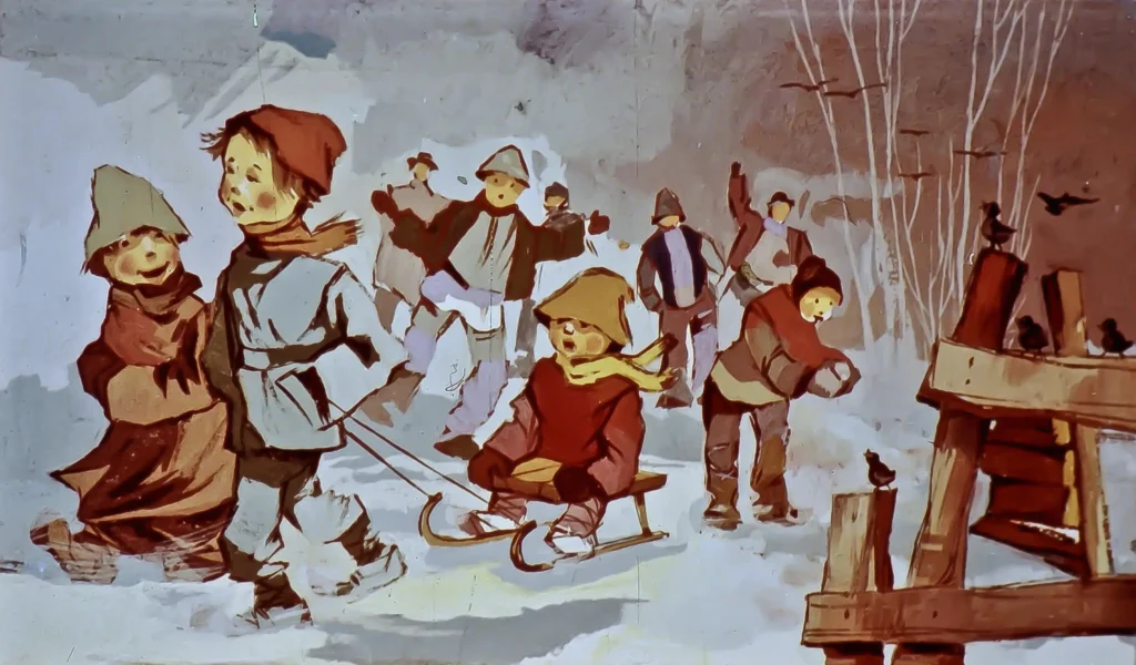 Ilustrație cu copii care se jucau în zăpadă, iar în partea de jos a imaginii este un text care prezintă versuri despre mișcarea roții morii și vrăbiile care gândesc vremile ploioase.