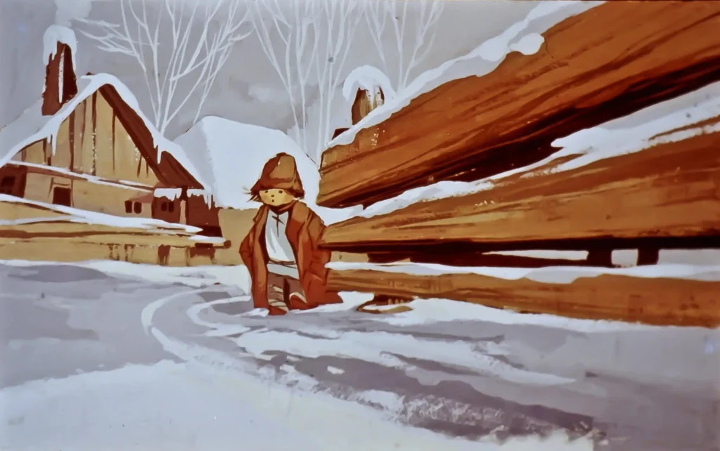 Imagine cu un peisaj de iarnă, un copil îmbrăcat în haină groasă, stând pe o alee acoperită de zăpadă, cu case în fundal.