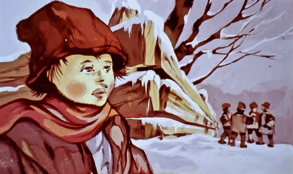 Ilustrație cu un copil într-un peisaj de iarnă, cu un grup de oameni în fundal.